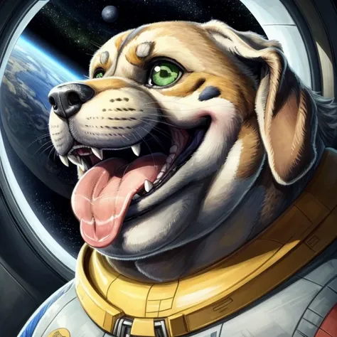 Fat, Obese, Overweight male, standing, (dog), hungry expression, grey skin, pink skin, big face, fangs, blep, thick tongue, green eyes, (((detailed genitalia outline))), space, spaceship, window, 5 fingers, detailed color sketch, (detailed mouth, detailed ...