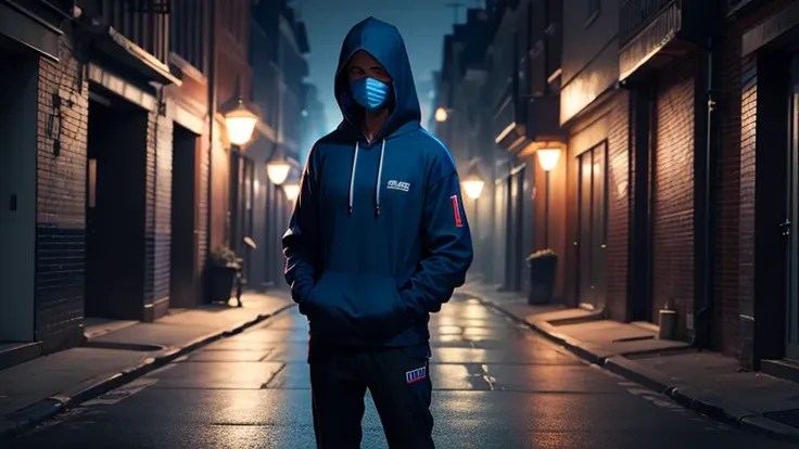 Man wearing hoodie , night theme , standing alone in a lonely street , with red and blue light , 4k realistic image