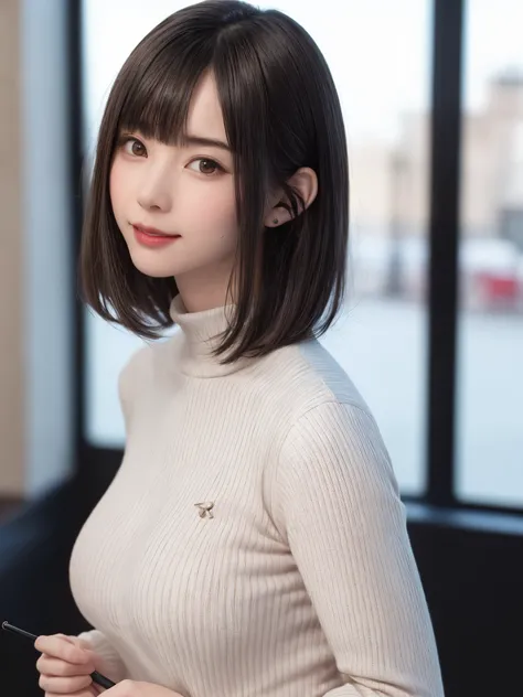 (masutepiece, top-quality、high-detail:1.4、Very attractive beauty、Add intense highlights to the eyes、Look firmly at the camera:1.4、A beautiful woman full of charm、Ideal ratio body proportions、Perfect Anatomy、Brunette Short Bob Hair、Lustrous hair、bangss:1.4、...