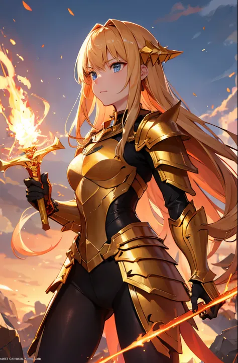 Gols armor, girl, Gold spiky long hair, fire aura, sword, cracks on body