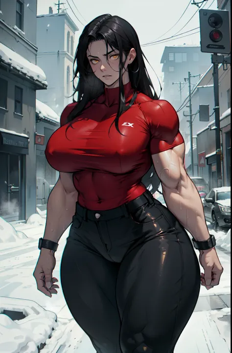 pale skin solo 1 girl black hair yellow eyes expressionless (very long hair sweaty) dark atmosphere (huge breasts bodybuilder toned body muscular) tight red shirt tight pants curvy thick thighs wide hips snow veins dark atmosphere