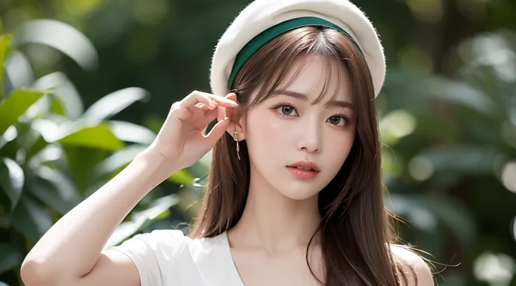 (bestquality, Masute pieces, ultra hd: 1.3), 1girl in, Middlebox, Light brown hair, blunt bangs, hair behind ear, hair over shoulder, long-haired, Slender Figure, ultra-fine face, Sensitive lips, beautidul eyes, Thin blush, The eyes are light brown.., Perf...