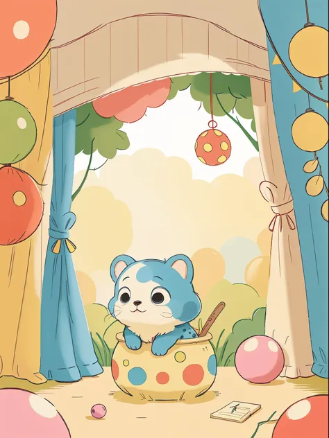 puppy polka dot in its den，surrounded by colorful balls and toyut it looks a little melancholy，looking out the window，classical ...