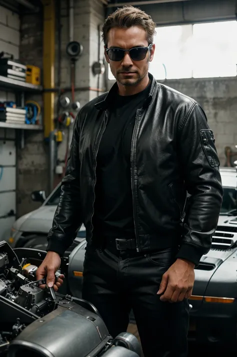 futuristic mechanic, programmer, future, cyberpunk, man wiring an engine, photo of [40] years old average looking man, [fare skin], standing in a workshop, [caucasian], wearing [black] leather jacket and black aviator glasses, detailed skin, 20 megapixel, ...