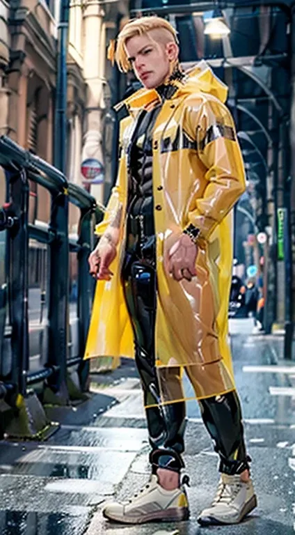 blonde hair male  yellow clear raincoat with bondage , tight ass