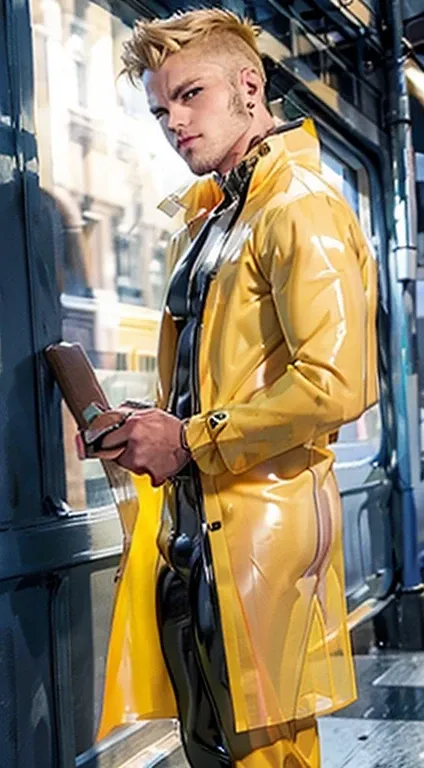 blonde hair male  yellow clear raincoat with bondage , tight ass