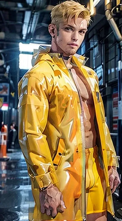 blonde hair male  yellow clear raincoat with bondage , tight ass