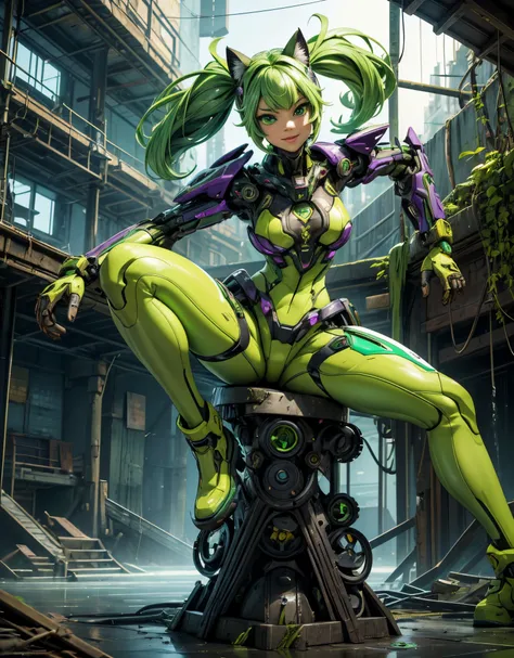 "Masterpiece in dystopian 4K resolution UHD high detail, with mecha_musume purple_glitter style, vibrant details in green and yellow, inspired by cyberpunk chaos. Vibrant green and yellow details capture the eye, while her towering cybernetic boots make a ...