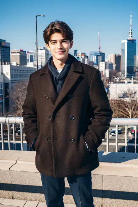 Photorealsitic, 8K full body portrait, a handsome, An 18-year-old man, A charming expression, Precise facial details, TOKYOcty, Winters, Shibuya in the background