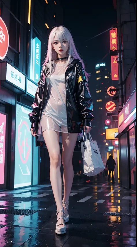 one-girl.long whitr hair,see-through raincoat,Laser set,Hologram effect,vivd colour,Cyberpunk Mechanical City,Scenes,dream,neonlight,Styled from BladeRunner 2049,Soft rubber,Dream fog,电影灯光,natural soft light,depth field effect,c4d，Blander,3D,2.5 days,high ...