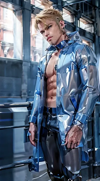 blonde hair male blue clear raincoat with bondage , tight ass