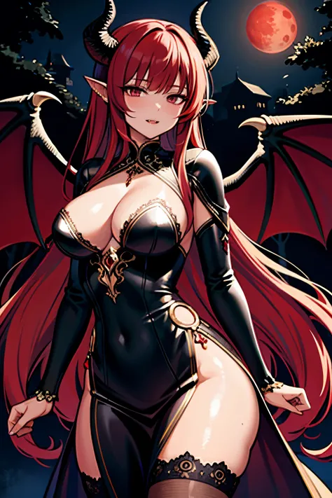 (masterpiece, best quality, detailed background, intricate details), dark castle, 1girl, demon, red hair, black eyes, slit pupils, curled horns, wings, fangs, black armor, whip, night, red moon