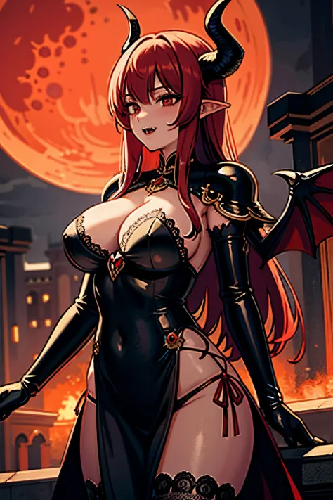 (masterpiece, best quality, detailed background, intricate details), dark castle, 1girl, demon, red hair, black eyes, slit pupils, curled horns, wings, fangs, black armor, whip, night, red moon