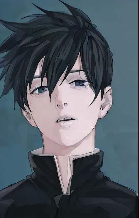 teenager with black short hair, pale white skin, gray eyes, pale lips and black vest