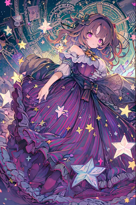 detailed background, masutepiece, best quality, 1 person , curly hair, long hair, purple eyes, stars in the eyes , strapless blo...