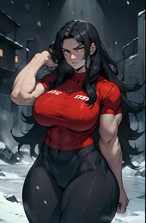 pale skin solo 1 girl black hair yellow eyes expressionless (very long hair sweaty) dark atmosphere (huge breasts bodybuilder toned body muscular) tight red shirt curvy thick thighs wide hips snow veins dark atmosphere nighttime