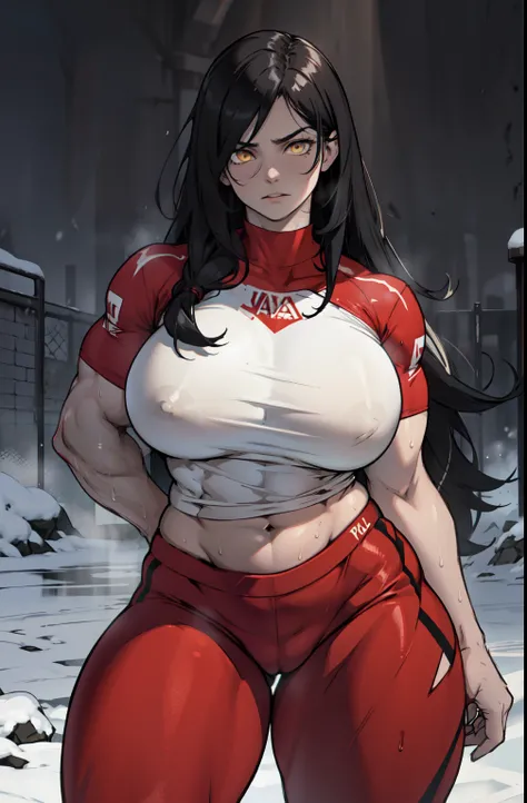 pale skin solo 1 girl black hair yellow eyes expressionless (very long hair sweaty) dark atmosphere (huge breasts bodybuilder toned body muscular) tight red shirt curvy thick thighs wide hips snow veins dark atmosphere nighttime