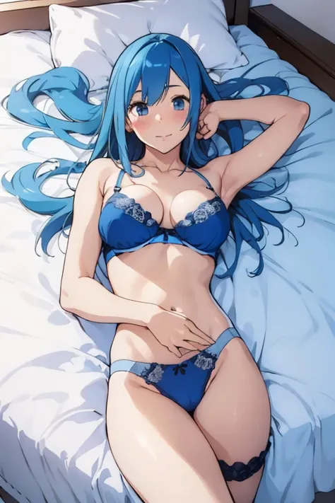 (Masterpiece, Photorealistic, high resolution), ((1girll):1.2), teenage girl, blue hair, long hair, blue eyes, straight hair, bangs (tankTop bra, Blue Laces underwear (medium of breast):1.2, thighs), Lying on the bed, Blue Dolphin panty, Sexy figure, Whole...