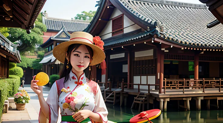 oda&#39;There&#39;s a woman there with a frisbee and a flower, Cover Photo Cuckoo Portrait, zhouzhuang ancient town, Chinese woman, wearing travel hat, xintong chen, sweetheart, no watermark, xiang duan, a young asian woman, no watermark, ChineseGirl, port...