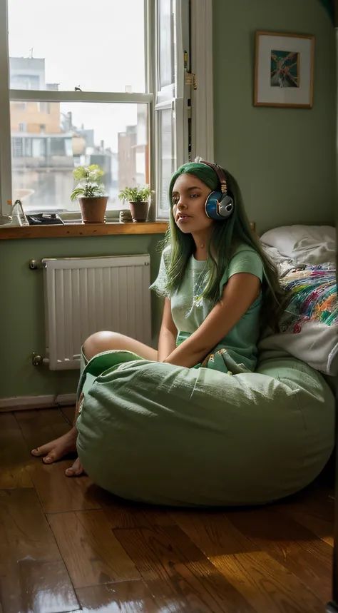 uma menina de 14 anos imersa em relaxamento dentro de seu quarto de adolescente, where even the walls are painted a delicious shade of green, complementando perfeitamente sua cor de cabelo vibrante. She is dressed warmly in comfortable pajamas, sprawled ou...