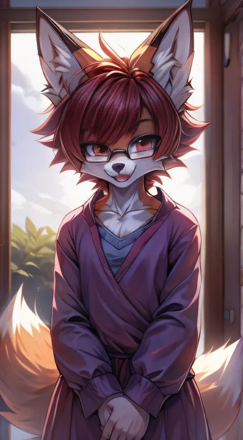 fox furry girl with short red hair, fluffy hair shy, beautiful red eyes, wearing glasses,  very  fluffy tail, small chest, 17 ye...