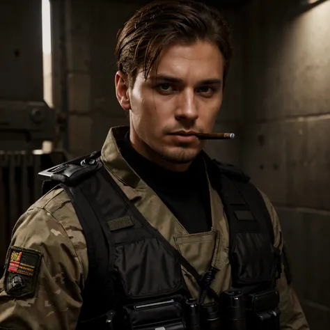 Soldier with dark uniform and rifle, ruined background, realistic, stylish, goatee, brown hair, buzz hair, cigarette in mouth, tactical vest, intricate details, hyperdetailed, cinematic, rim light, danger atmosphere