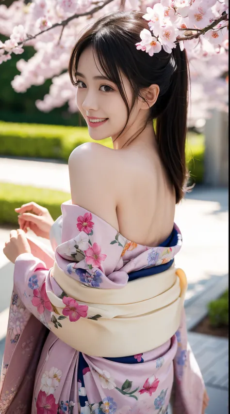 (Mastrepeace:1.2,Best Quality,ultra-detailliert) sexy kimono, Bare shoulder, Bare legs, Open V chest clothes, sexy cute beautiful detailed face, 1girl in, The face of the Japan idol, NSFW, The cherry tree, flower eating hairstyle、a smile, Nice teeth, Sexy ...