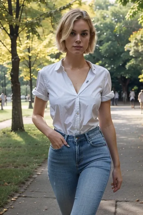 Tall danish blonde. Short hair, wedge cut. Unbuttoned blouse, blue jeans. Walking in the park