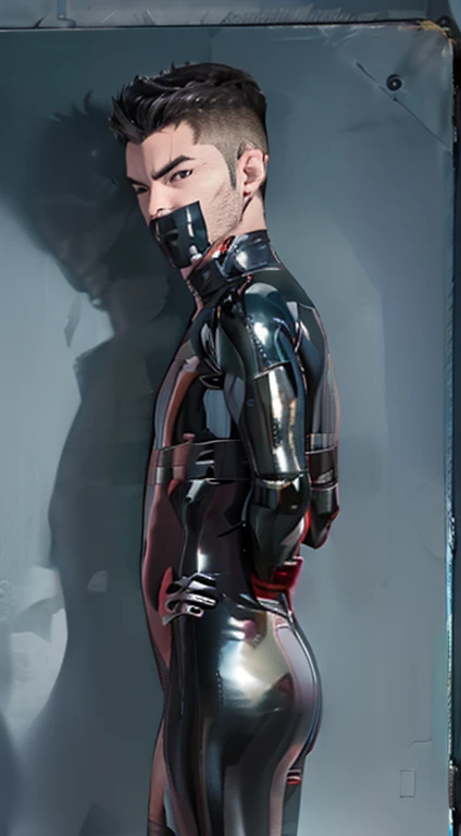 Male in latex bodysuit with tape mouth gag in fetal position , tight ass