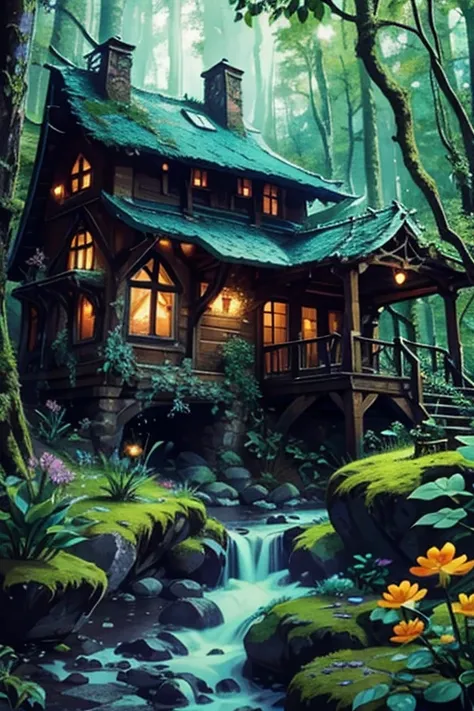 A fairy village in a magical forest, with enchanting forest dwellings, sparkling pixie dust, shimmering wings, and vibrant flora. The village is surrounded by towering trees, their branches intertwined to form a lush canopy overhead. The mushroom-shaped ho...