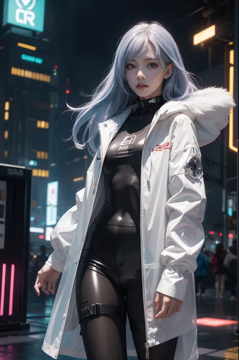 one-girl.long whitr hair,see-through raincoat,Laser set,Hologram effect,vivd colour,Cyberpunk Mechanical City,Scenes,dream,neonlight,Styled from BladeRunner 2049,Soft rubber,Dream fog,电影灯光,natural soft light,depth field effect,c4d，Blander,3D,2.5 days,high ...