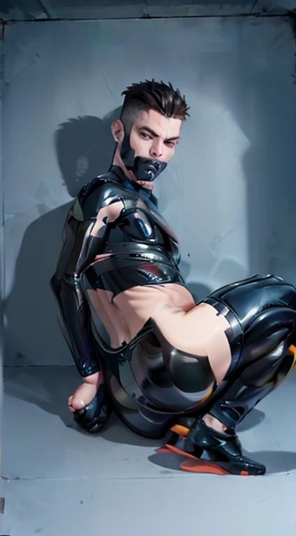 Male in latex bodysuit with tape mouth gag  , tight ass, in fetal position