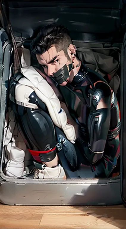 male in latex bodysuit with tape mouth gag, in fetal position