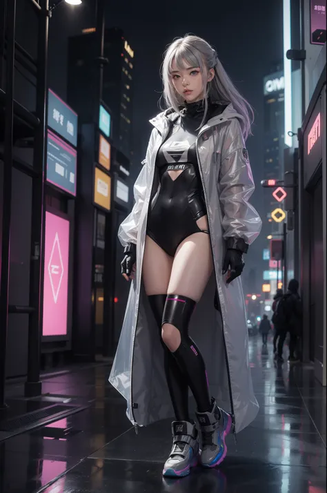 one-girl.Long gray hair,see-through raincoat,Laser set,Hologram effect,vibrant with colors,Cyberpunk Mechanical City,Scenes,dream,neonlight,style derived from《Blade Runner 2049》,Soft rubber,Dream fog,电影灯光,Natural soft light,depth field effect,c4d，Blander,3...