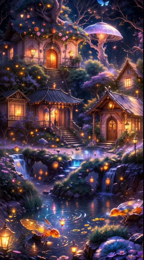 (best quality,4k,8k,highres,masterpiece:1.2),ultra-detailed,(realistic,photorealistic,photo-realistic:1.37),a magical fairy village,colorful mushroom houses,enchanting lights,fluttering butterflies and fireflies,vibrant and vivid colors,fairy tale atmosphe...