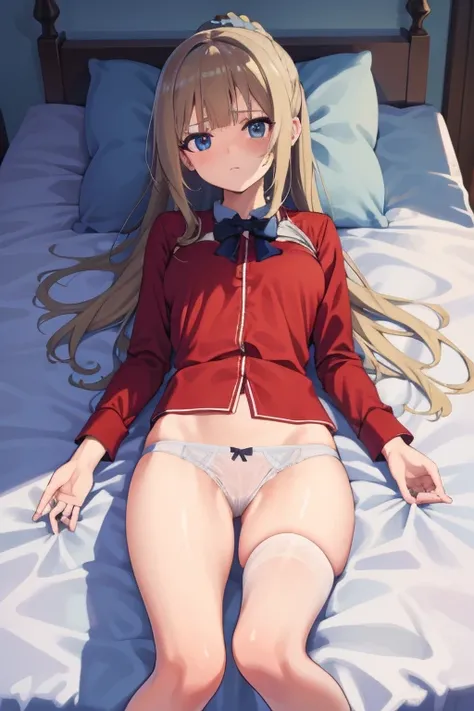 (Masterpiece, Photorealistic, high resolution), ((1girll):1.2), (Masterpiece, Photorealistic, high resolution), ((1girll):1.2),  a teenage girl (Loose Red shirt, Laces panty (medium of breast):1.2, thighs), on top of the bed, lie on the bed, Cute or adorab...