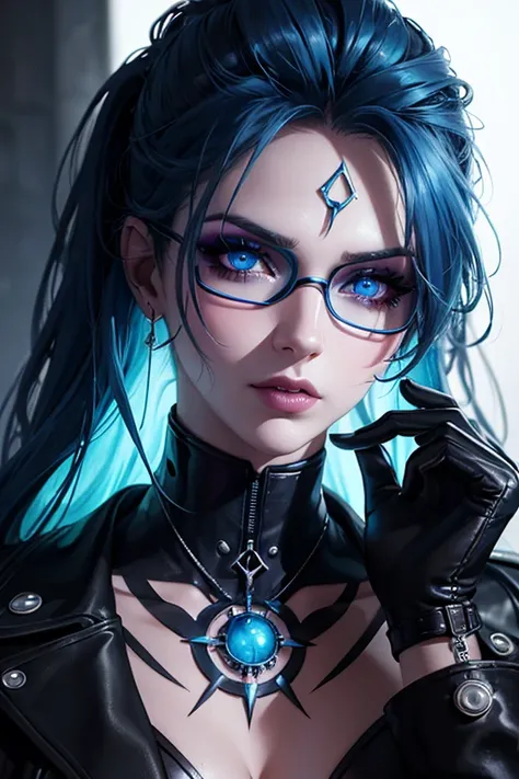 sexy nerd,blue hair,wizard,beautiful detailed eyes,beautiful detailed lips,extremely detailed eyes and face,long eyelashes,modern portrait,high fashion,cyberpunk,glowing tattoos,magic in her hands,mysterious background,dark and moody lighting,vibrant color...