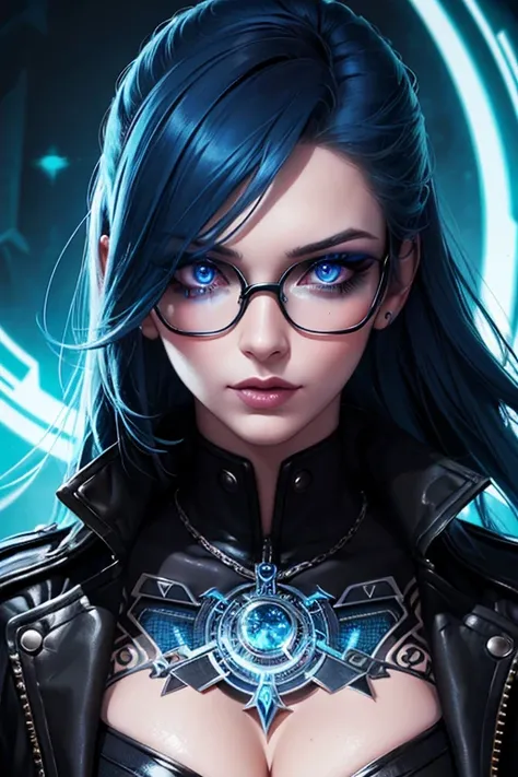 sexy nerd,blue hair,wizard,beautiful detailed eyes,beautiful detailed lips,extremely detailed eyes and face,long eyelashes,modern portrait,high fashion,cyberpunk,glowing tattoos,magic in her hands,mysterious background,dark and moody lighting,vibrant color...