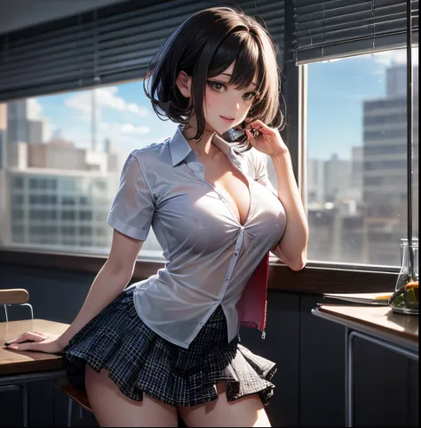 ((Layered Hair Style、Colossal tits:1.2)),（8K，Best quality），Full body photo，Watch from a distance，shot from far away，School Classroom，pupils，Class，playing game，Wearing a transparent wet shirt JK skirt，wet blouses, Cute big breasts， ssmile， rosto magro， Shor...