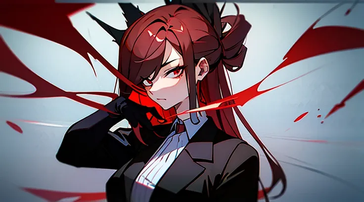 Best quality at best, Best resolution, tmasterpiece, ultra - detailed, A teenage girl，wearing a suit，smoking，Short black ear-length hair，Red eyes，nonchalant expression，hold a handful