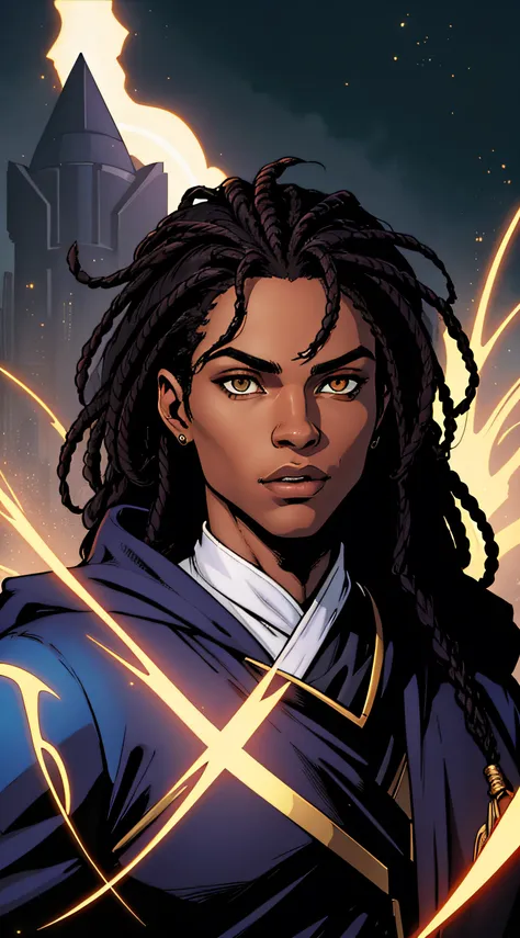 Comic Book Style Portrait of an African-American male, with dark black dreadlocks, golden eyes, prince, young hero, sith robes, perfect composition, hyper-detailed, 8K, high quality, perfect eyes, trending art, trending on artstation, sharp focus, studio p...