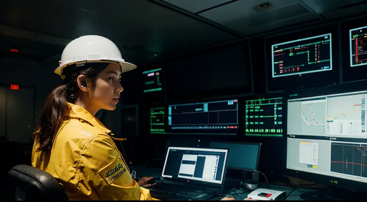 Engineer wearing illuminated safety jacket and white hard hat is in the SCADA control room with multiple digital screens for BESS plant