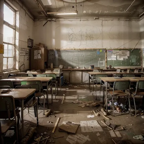 photographs of a ((school board inside classroom with post-apocalyptic scribbles made by survivors using white chalk)). the graf...