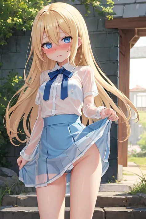 beautiful long blonde　blue eyes　small tit　a miniskirt　　Standing　embarrassed from　Tears are overflowing from the eyes　　crotch open　Blushing　Clothes are wet and see-through