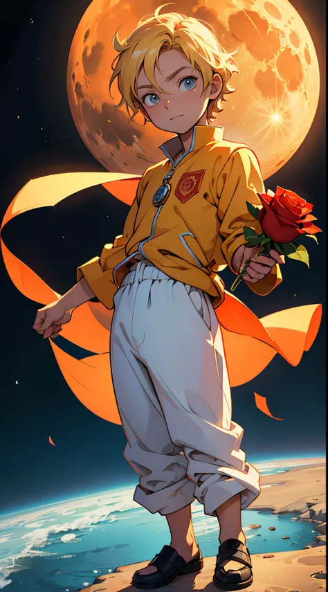 there is a cartoon of a little blond boy standing on a giant orange moon with a red rose, the little prince, arte chave, fan art, Arte Oficial, illustration!, animation film, animated film, artistic rendering, oscar winning animation, Production art, arte ...