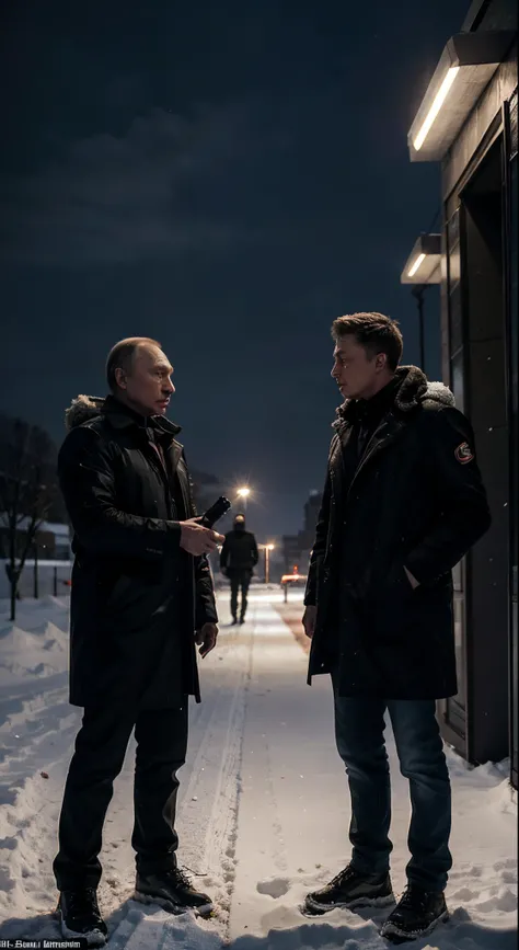 Vladimir Putin fights with Elon Musk at the entrance to the Khrushchev building, bottle of vodka in hand, snow outside, evening, Real photography, realistness