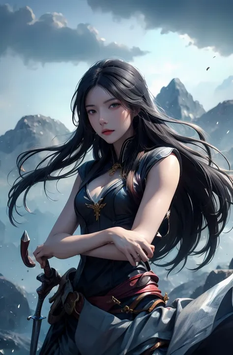 Anime girl holding sword and armor standing on mountain rock, author：Hero, Artgerm and Ruan Jia, Ruan Jia and the artistic germ, Very detailed artistic germ, Most models | Art germ, fantasy art style, 2. 5d CGI anime fantasy artwork, Art germ. anime illust...