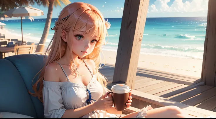 "Soothing Sea Breeze": Anime girl and cup of coffee in a tranquil beach scene with cool blues and sandy tones