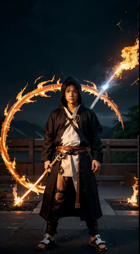 Generate a Bankai name inspired by the concept of a dragon deity ruling over a domain of immense power and authority, embodying the essence of &#39;Ryūjin no Tenka&#39;." And the  boy in a hoodie with flaming Katana and the image is 2d