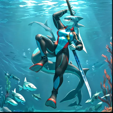 a drawing of a smiling female shark in a dive suit holding a sword, badass pose, swimming flippers, katana, anthro female, shark, aquatic, underwater, abserdres, hires, highly detailed